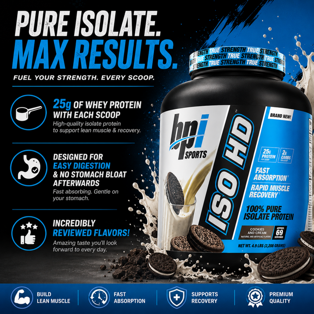 BPI Sports ISO HD 100% Pure Isolate Protein in Cookies and Cream flavor (4.9 lbs, 69 servings). Promotional graphic highlights 25g whey protein per scoop, easy digestion with no stomach bloat, rapid muscle recovery, and premium quality lean muscle support.