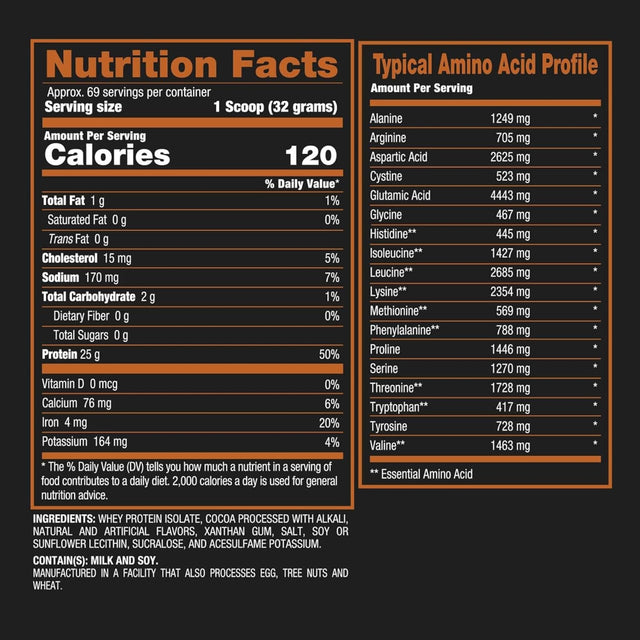 BPI Sports ISO HD Chocolate Brownie nutrition facts and typical amino acid profile chart. Shows 120 calories, 25g protein, 1g fat, and 2g carbohydrates per 32g scoop, listing whey protein isolate ingredients and essential amino acids.