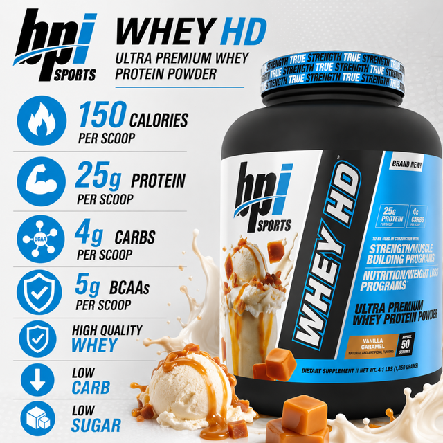 BPI Sports Whey HD ultra premium whey protein powder in Vanilla Caramel flavor, 4.1 lbs tub providing 50 servings with 25g protein and 150 calories per scoop.