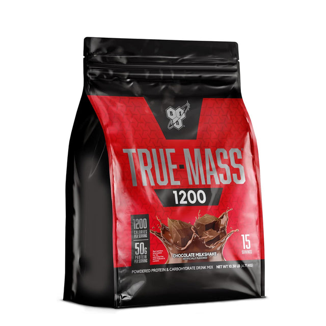 BSN True-Mass 1200 high calorie weight gainer bag, chocolate milkshake flavor, 15 servings.