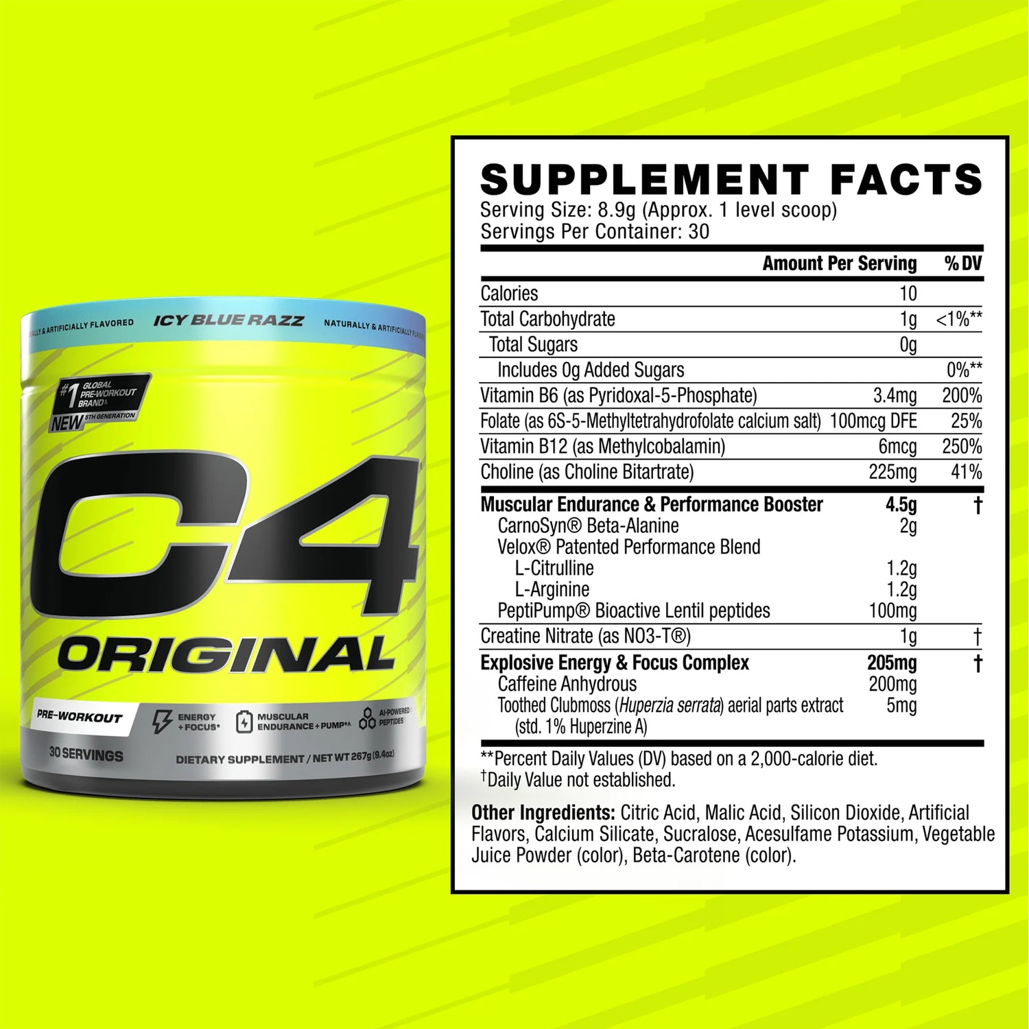 C4 ORIGINAL Pre-Workout Supplement Facts in Icy Blue Razz. Key ingredients: Beta-Alanine (1.6g), Creatine Nitrate (1g), Caffeine Anhydrous (150mg), and L-Citrulline.