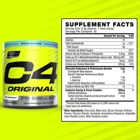 C4 ORIGINAL Pre-Workout Supplement Facts in Icy Blue Razz. Key ingredients: Beta-Alanine (1.6g), Creatine Nitrate (1g), Caffeine Anhydrous (150mg), and L-Citrulline.