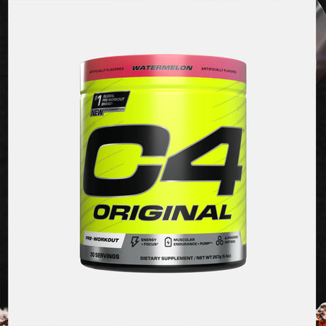 C4 ORIGINAL Pre-Workout supplement in Watermelon flavor. Promotes Energy + Focus, Muscular Endurance + Pump, and contains AI-Powered Peptides.