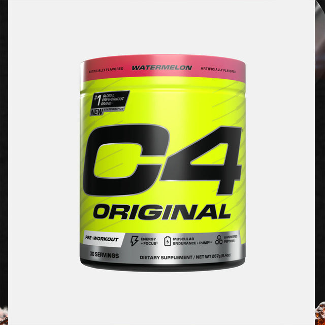 C4 ORIGINAL Pre-Workout supplement in Watermelon flavor. Promotes Energy + Focus, Muscular Endurance + Pump, and contains AI-Powered Peptides.