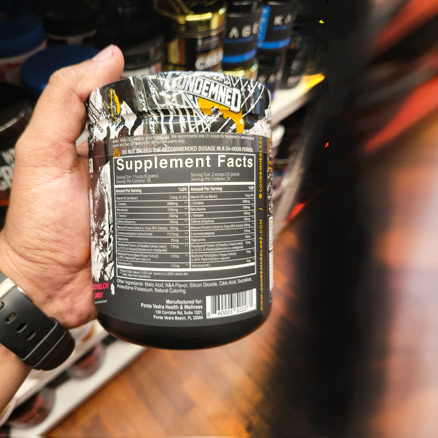 Condemned Labz Convict High Stim Pre-Workout Powder, 300g Watermelon Candy flavor. Aggressive black and yellow supplement tub for intense energy and focus.