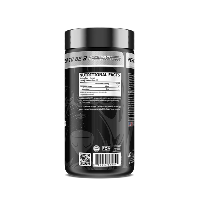 Core Champs Ashwagandha 600mg Nutritional Facts panel. Each serving contains 600mg Ashwagandha Extract and 6mg of Withanolides, standardized for potency. 60 capsules per bottle.