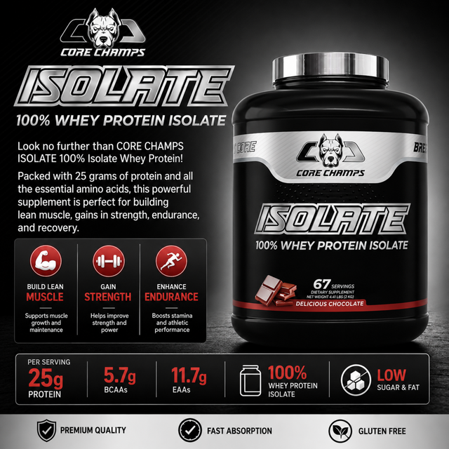 Core Champs Isolate 100% Whey Protein Isolate Chocolate 2kg with 25g protein, 5.7g BCAAs, 11.7g EAAs, 67 servings, low sugar and fat.
