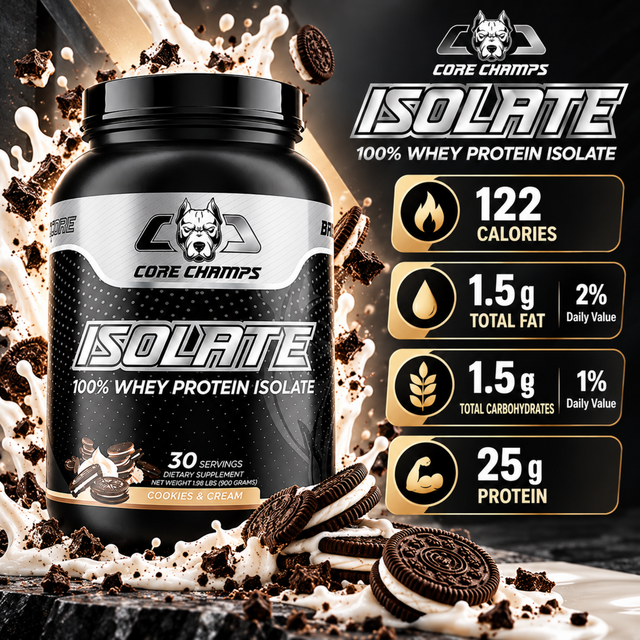 Core Champs Isolate Cookies and Cream Whey Protein Isolate 900g with 25g protein per serving