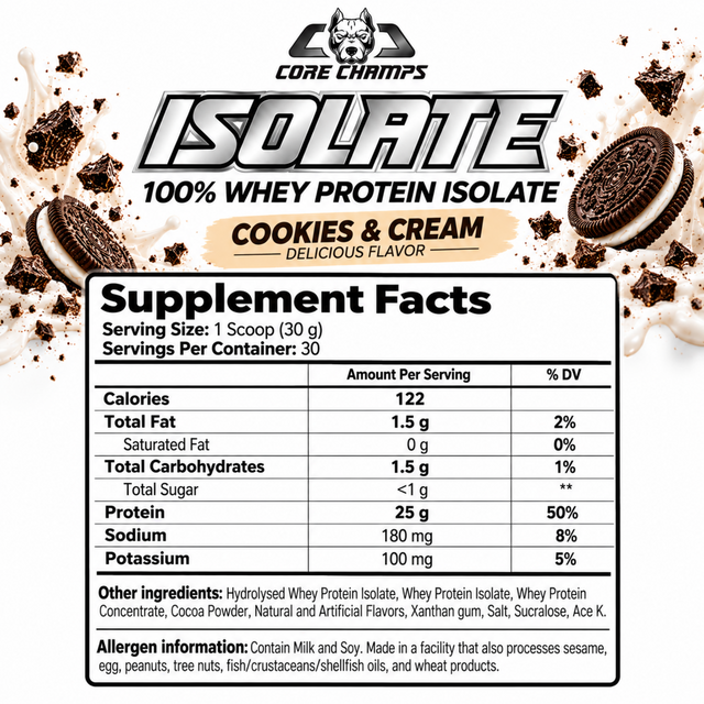 Core Champs Isolate Cookies and Cream whey protein supplement facts showing 25g protein per 30g serving