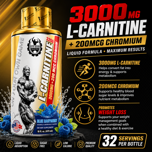 Dexter Jackson L-Carnitine 3200 Blue Raspberry liquid supplement with 3000mg L-Carnitine and 200mcg Chromium for fat metabolism, energy, endurance, and weight management.