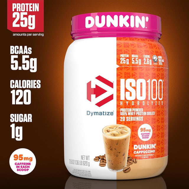 Authentic Dymatize ISO100 Dunkin' Cappuccino Whey Protein Isolate, 825g, available at Gym Supplements U.S.