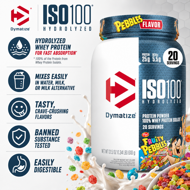 Dymatize ISO100 Hydrolyzed Whey Protein Isolate powder in Fruity Pebbles flavor, 1.34 lbs tub providing 20 servings with 25g protein and 5.5g BCAAs per scoop.
