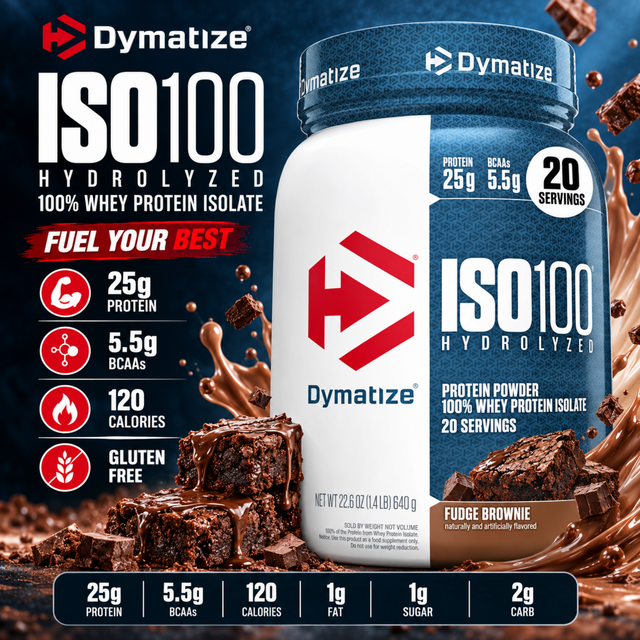 Dymatize ISO100 Hydrolyzed Whey Protein Isolate Fudge Brownie 640g with 25g protein per serving