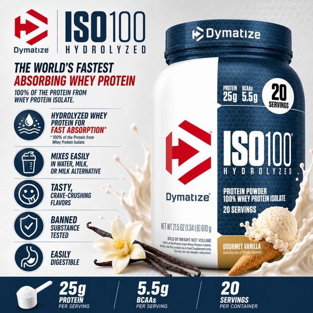 Dymatize ISO100 Hydrolyzed Whey Protein Isolate powder in Gourmet Vanilla flavor, 1.34 lbs tub providing 20 servings with 25g protein and 5.5g BCAAs per scoop.