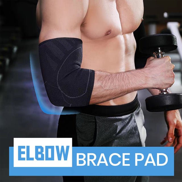 Man wearing a black elbow brace pad while lifting a dumbbell at the gym