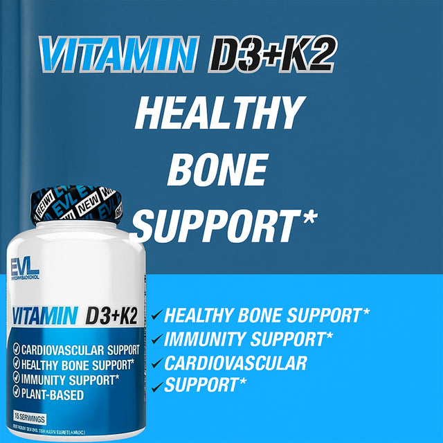 EVL Nutrition Vitamin D3 + K2 supplement bottle with highlights for bone, heart, and immunity support
