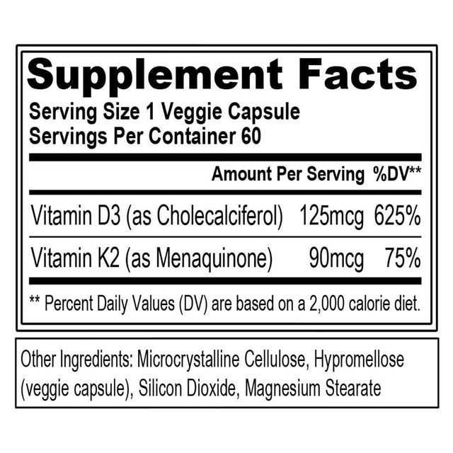 Supplement facts label of EVL Vitamin D3 + K2 showing dosage per capsule and ingredients.