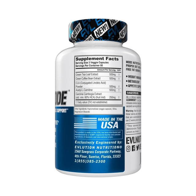 Supplement Facts panel for EVL LEANMODE weight loss support, detailing 500mg Green Tea Leaf Extract, 500mg Green Coffee Bean, 500mg CLA, 500mg Acetyl-L-Carnitine, and 250mg Garcinia Cambogia per serving.