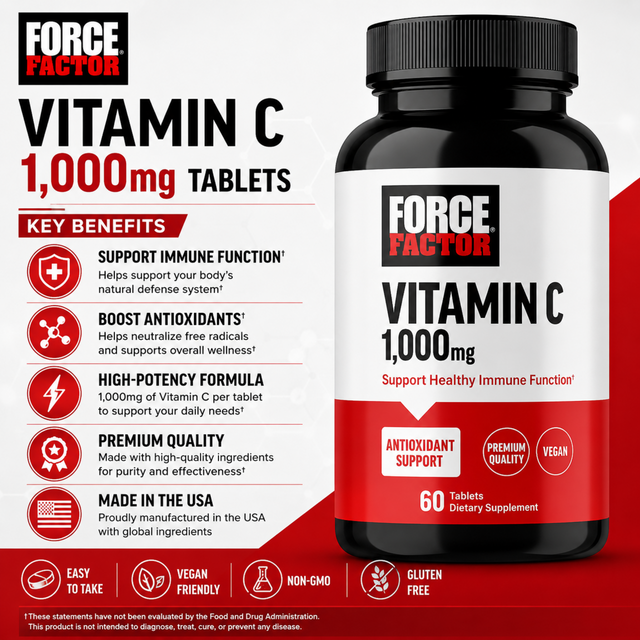 Force Factor Vitamin C 1,000mg tablets bottle (60 count) showing key benefits: immune function support, antioxidant boost, high-potency formula, premium quality, vegan friendly, non-GMO, and gluten-free.