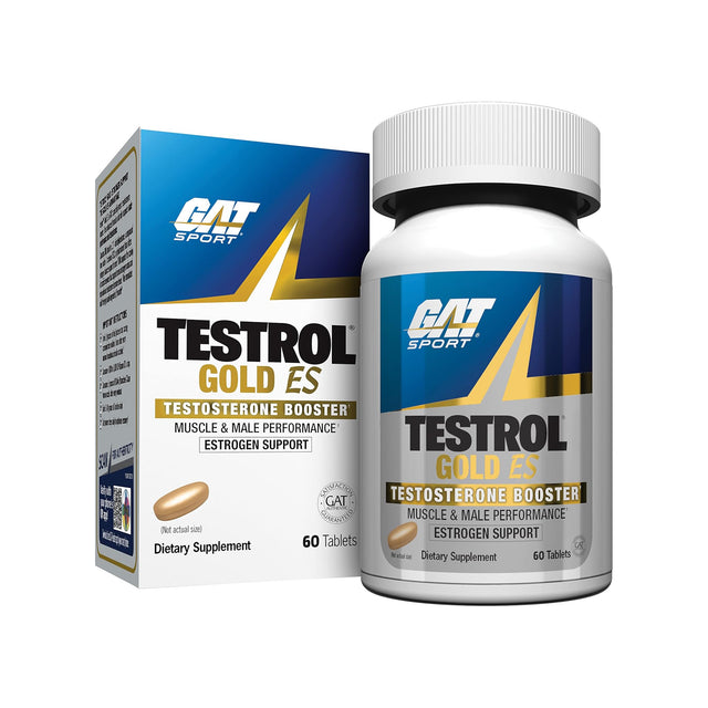 GAT Testrol Gold ES testosterone booster bottle and box for male performance and estrogen support.