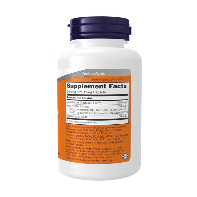 Supplement Facts label for Glutathione 500 mg showing 500mg L-Glutathione per veg capsule.