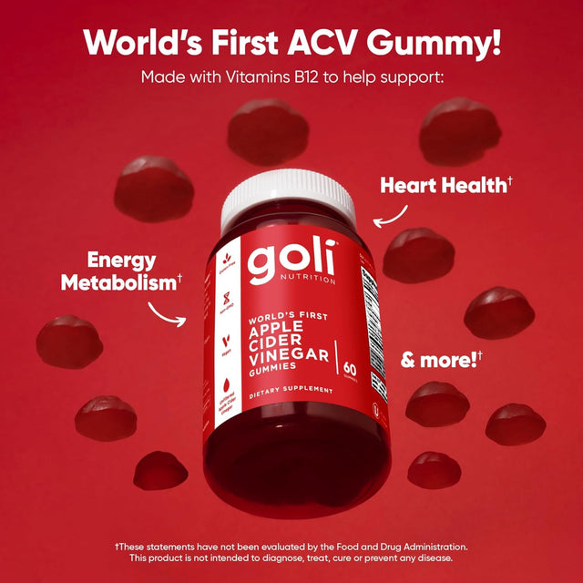 GOLI Apple Cider Vinegar Gummies Supplement Facts label showing 1000mg ACV, Vitamin B12, serving size, ingredients, and nutrition information.