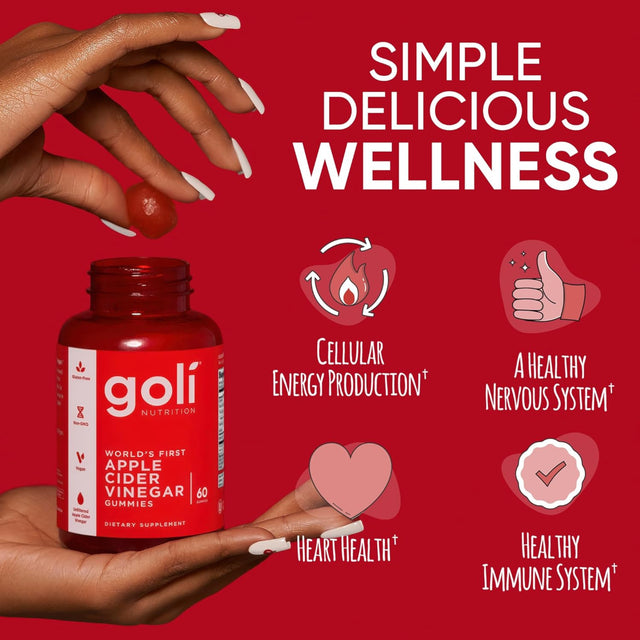 GOLI World's First Apple Cider Vinegar Gummies with Vitamin B12 supporting energy metabolism and heart health.