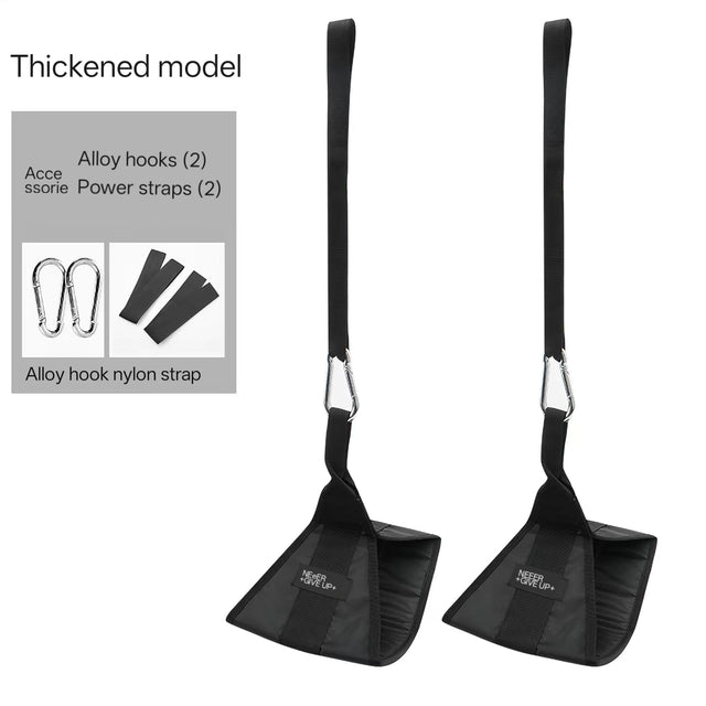 A pair of black thickened model power straps for abdominal training, featuring two heavy-duty silver alloy carabiner hooks and durable nylon straps.