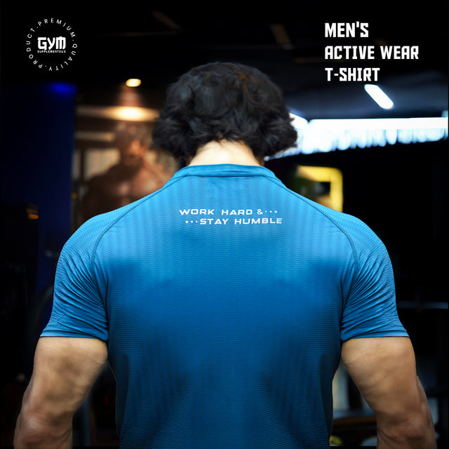 Back view — men's activewear t-shirt in deep teal (WORK HARD & STAY HUMBLE print) for gym training