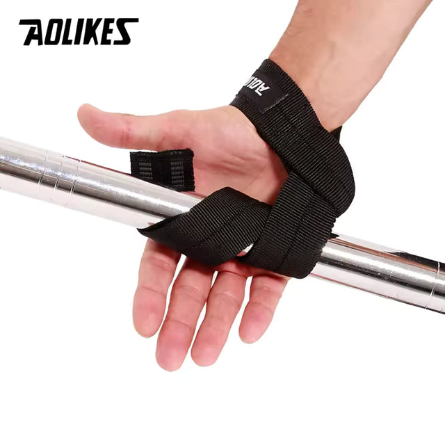 Close-up of a weightlifter's hand using an AOLIKES lifting strap wrapped securely around a chrome barbell.