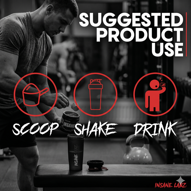 A detailed close-up of a fit man in a gym, carefully scooping red Insane Labz Psychotic pre-workout powder from its tub into a black shaker bottle before a workout, with brick walls and weights in the background.