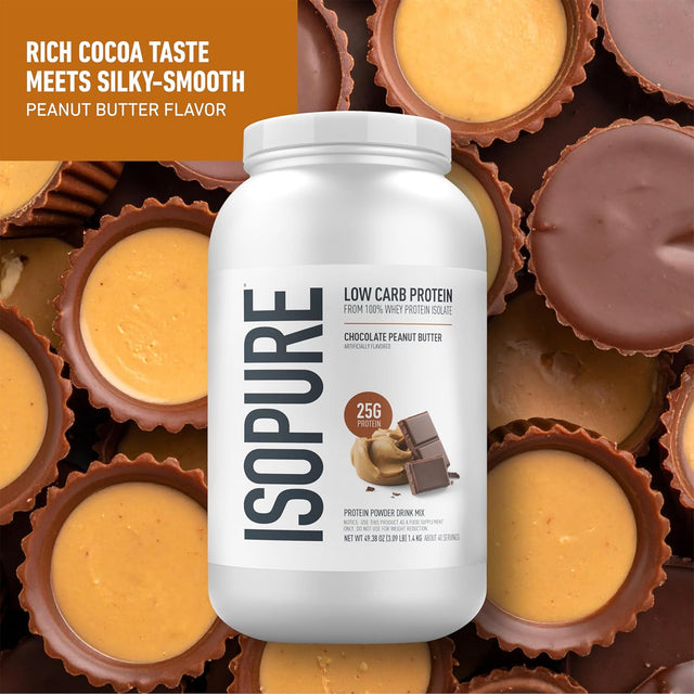 Isopure Low Carb 100% Whey Protein Isolate, Chocolate Peanut Butter flavor, 3.09 lb tub with 25g protein per serving.