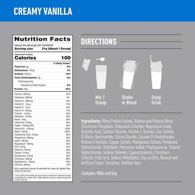 isopure whey protein | creamy vanilla | nutrition facts