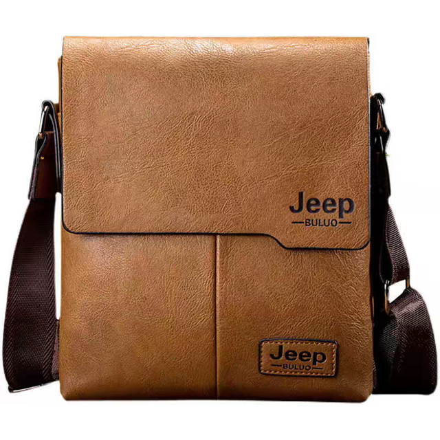 Jeep Buluo men's shoulder messenger bag in light brown tan. Features a premium leather-look finish and adjustable strap for comfortable daily carry.