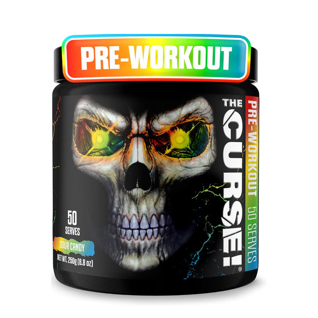 JNX Sports The Curse! Pre-Workout, Sour Candy flavor, 50 servings (250g). Intense energy and mental focus formula for gym workouts.