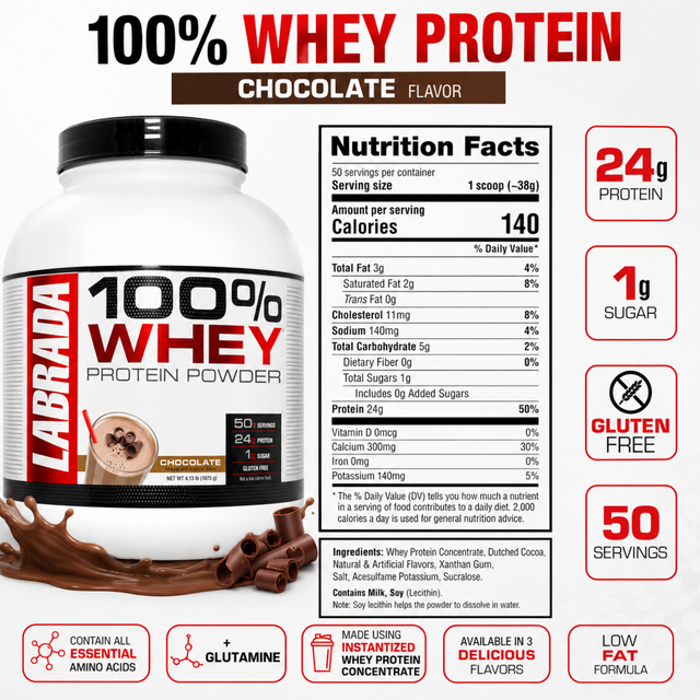 Labrada 100 percent Whey Protein nutrition facts label and ingredients breakdown showing 140 calories, 1g sugar, and 50 servings
