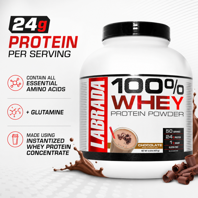 Labrada 100 percent Whey Protein Powder Chocolate flavor tub featuring 24g protein per serving, EAAs, and Glutamine