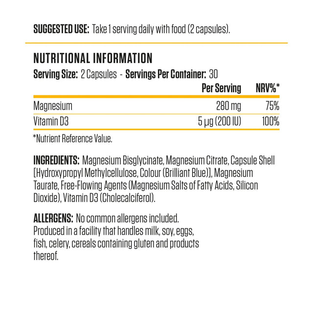 Nutritional information for Applied Nutrition Magnesium & Vitamin D3 showing 280mg Magnesium Bisglycinate and 200 IU Vitamin D3 (Cholecalciferol).