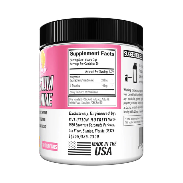 EVL Magnesium L-Theanine Pink Lemonade supplement for relaxation, focus, and stress support