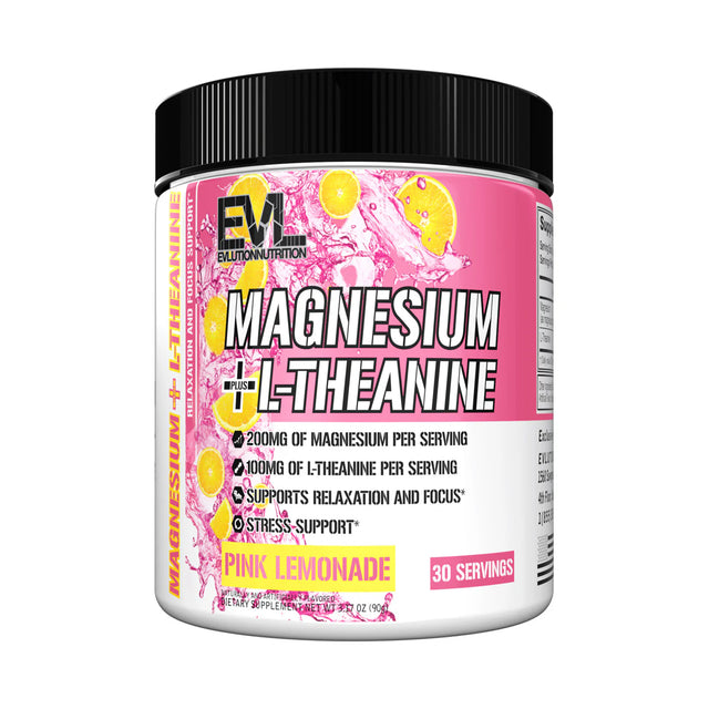 EVL Magnesium L-Theanine Pink Lemonade supplement for relaxation, focus, and stress support