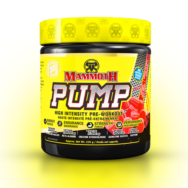Mammoth Pump High Intensity Pre-Workout powder in Swedish Very Berry flavor. 30 servings tub (270g) for explosive energy, muscle pump, and focus. Contains 3000mg Citrulline Malate, 1500mg Beta-Alanine, 750mg Creatine HCl, and 200mg Caffeine.