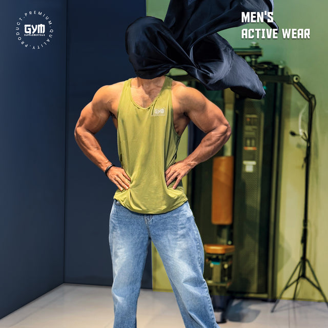 Men’s activewear gym tank top in olive color – premium quality fitness clothing for bodybuilding, workout, and sports training in Bangladesh.