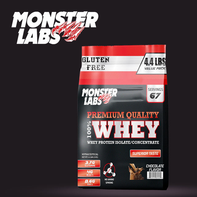 Monster Labs 100% Whey protein isolate/concentrate — Chocolate flavor, 4.4 lbs value pack; fast-absorbing whey for muscle growth, 67 servings, gluten-free.