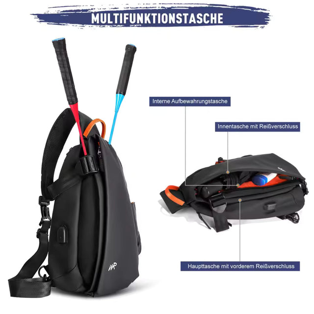 A multifunctional sling bag being used for outdoor sports with tennis or badminton rackets attached.