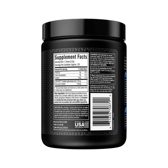 Supplement Facts panel for Muscletech Cell-Tech Creatine HCl+ showing 750mg CON-CRĒT Creatine HCl and 750mg Creatine Monohydrate per serving, with directions for mixing one scoop with water.