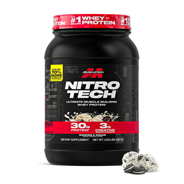 MuscleTech Nitro-Tech Cookies and Cream whey protein powder tub (2.00 lbs / 907g) with 30g protein and 3g creatine monohydrate for superior muscle growth and strength.