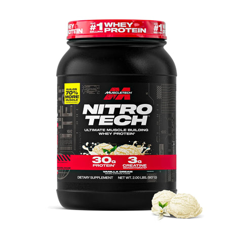 MuscleTech Nitro-Tech Milk Chocolate whey protein powder tub (2.00 lbs / 907g) with 30g protein and 3g creatine monohydrate per serving for ultimate muscle building and recovery.