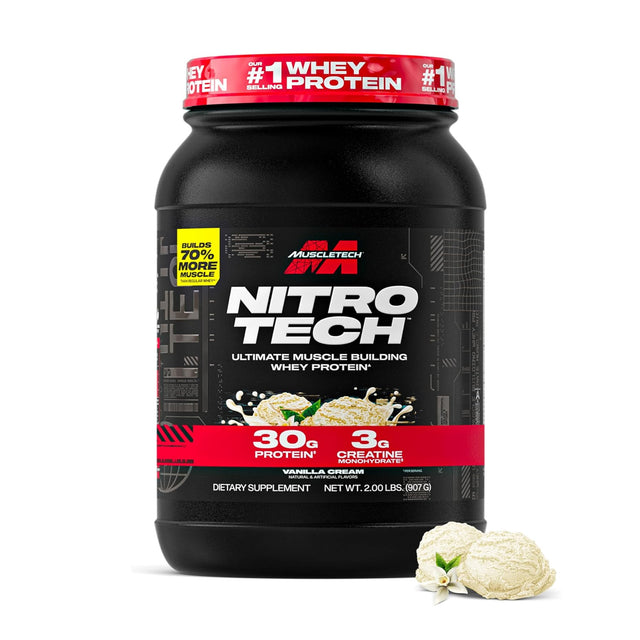 MuscleTech Nitro-Tech Milk Chocolate whey protein powder tub (2.00 lbs / 907g) with 30g protein and 3g creatine monohydrate per serving for ultimate muscle building and recovery.