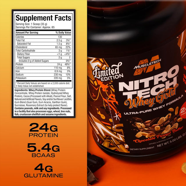 Muscletech Nitro-Tech Whey Gold Limited Edition 5 lb Chocolate Peanut Butter - 24g Protein, 5.4g BCAA, 4g Glutamine. Ultra Pure Whey Blend