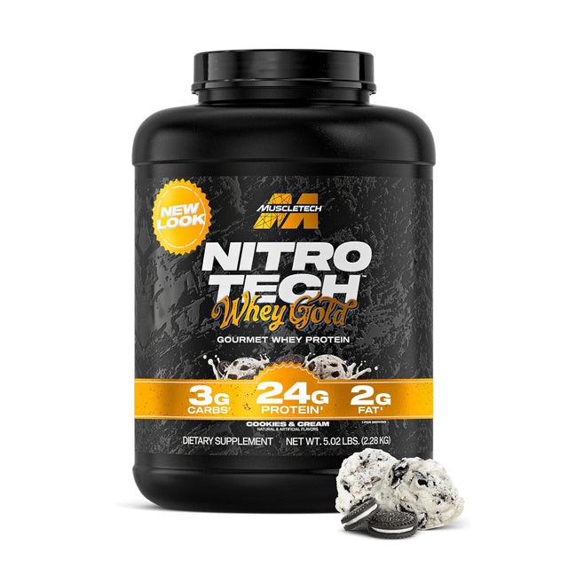 MuscleTech Nitro-Tech Whey Gold Cookies and Cream protein powder tub (5.02 lb) with 24g protein, 3g carbs, and 2g fat per serving for gourmet muscle recovery.